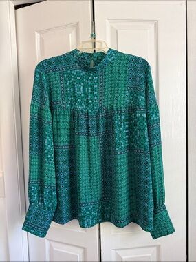 LOFT Teal Green Printed Long-Sleeve Blouse